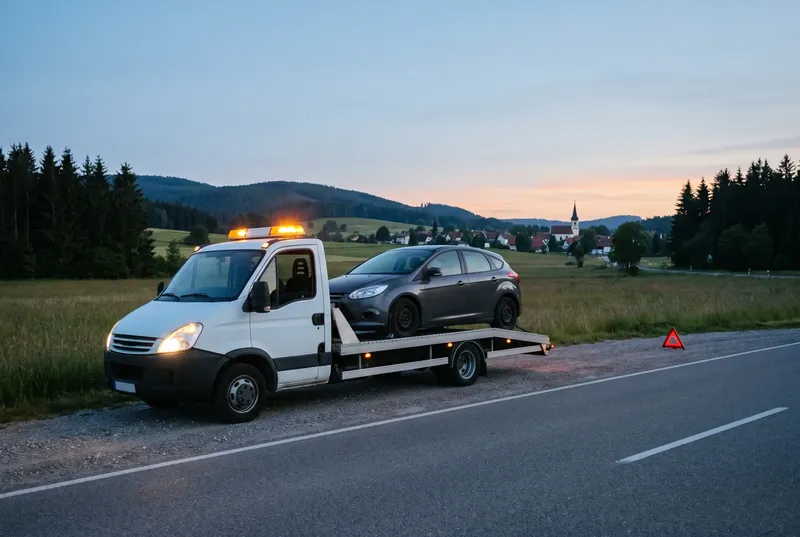 Abschleppwagen mit geladenem Auto am Rand einer Landstraße (Symbolbild)